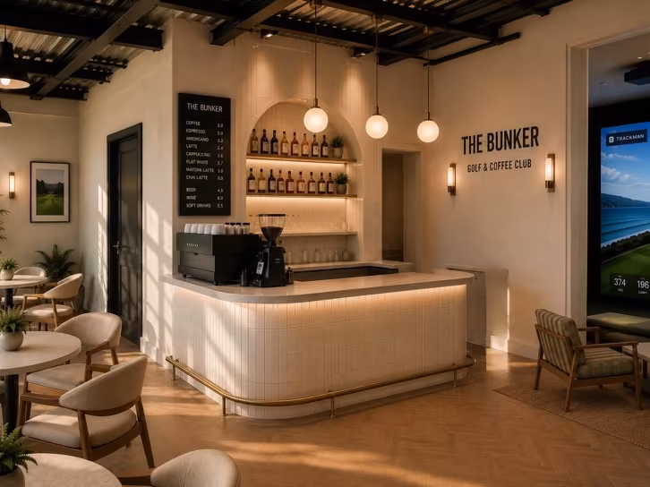 The coffee and drinks counter under pendant lights, with the Bunker sign on the wall behind
