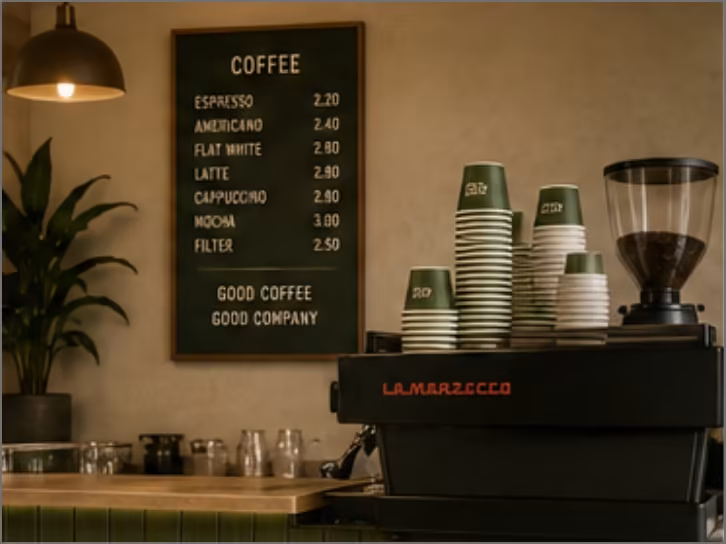 An espresso machine and stacked cups below a printed coffee menu