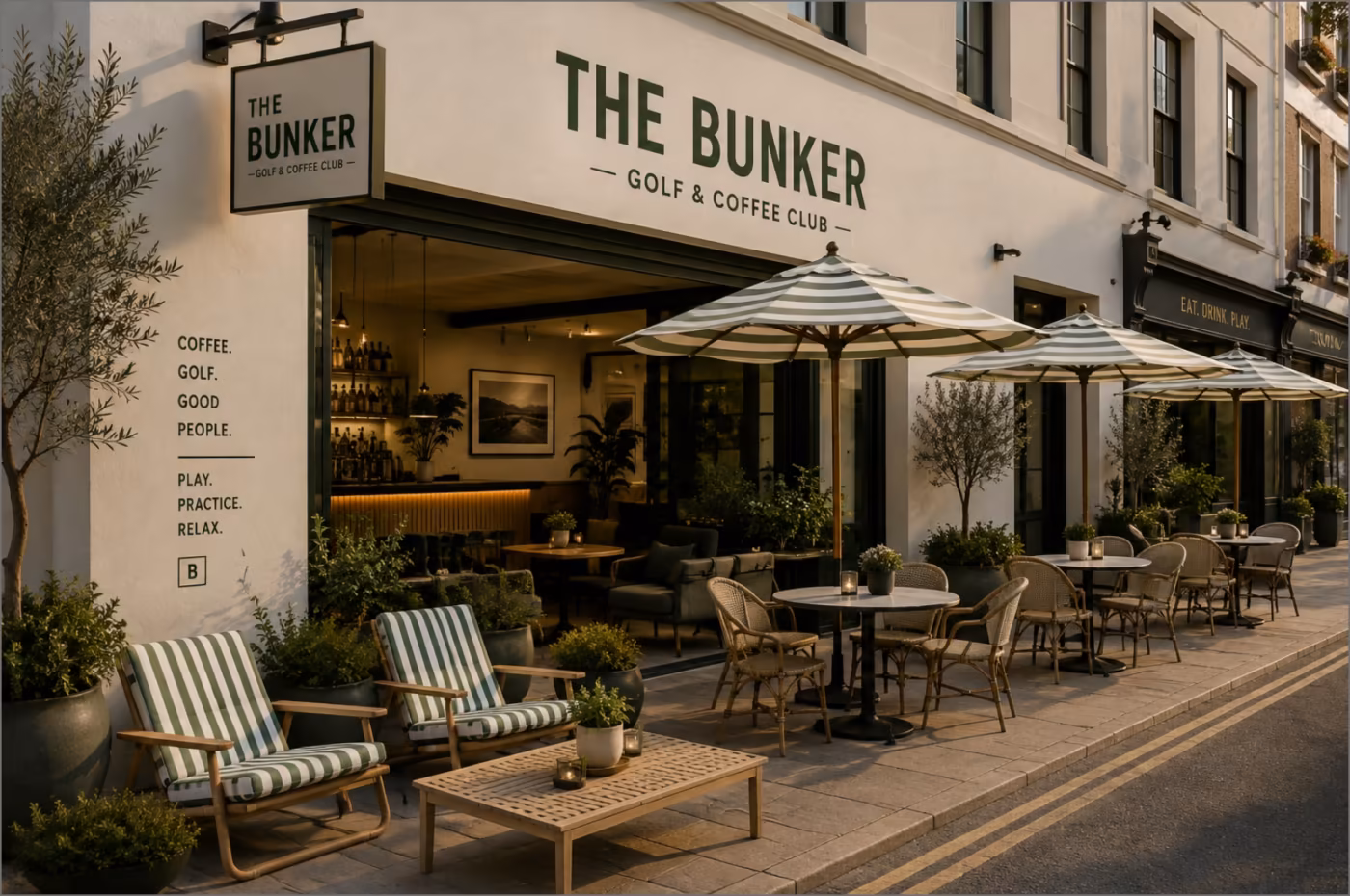 The Bunker shopfront and pavement terrace, with striped chairs under parasols